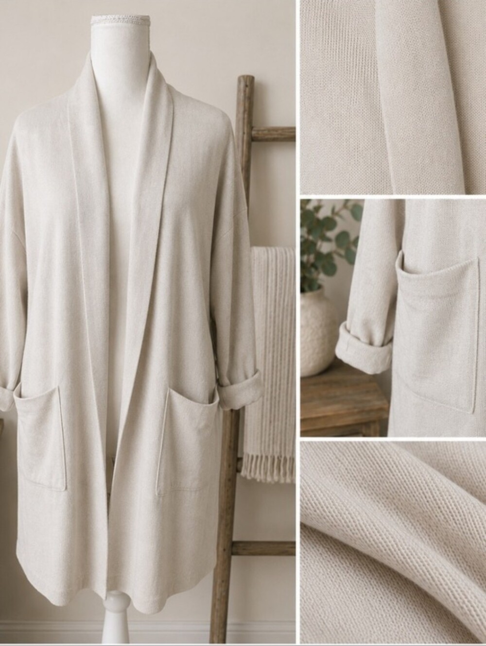 Eileen Fisher Open Front Long Cardigan Silk Cotton Duster Jacket Pockets Sz L